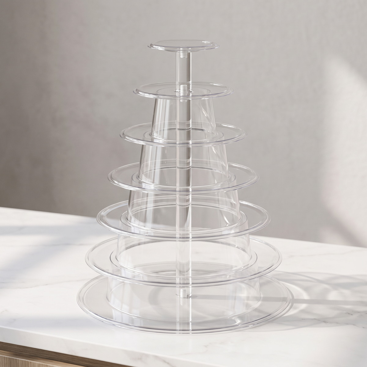 Présentoirs ronds en acrylique transparent pour macarons et gâteaux de mariage et de fête. Supports sur mesure.