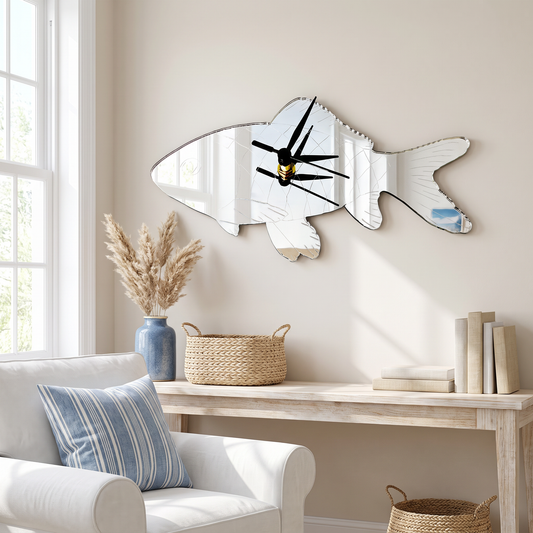 Etched Fish Shaped Wall Clock Decorative Coastal Home Decor