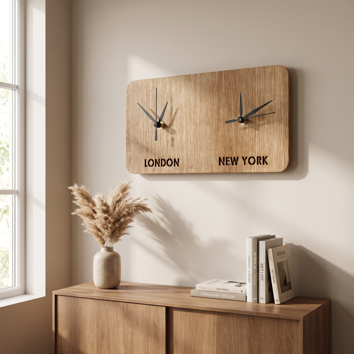 Custom Dual Time Zone Wood Wall or Desk Clock