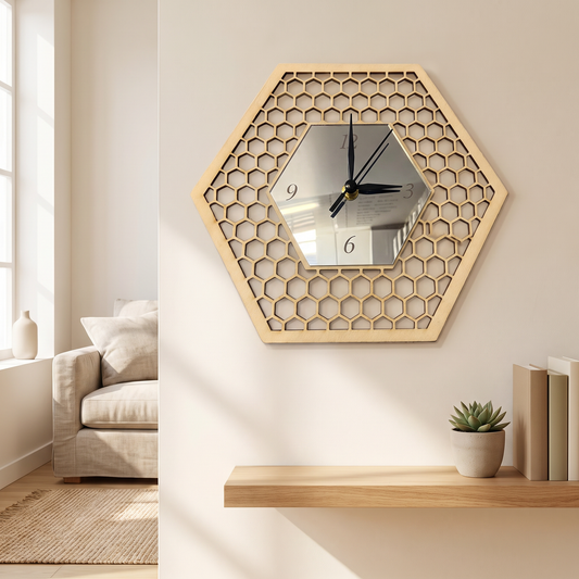 Wooden Hexagon Bee Hive Wall Clock, Silent Non-Ticking Decor