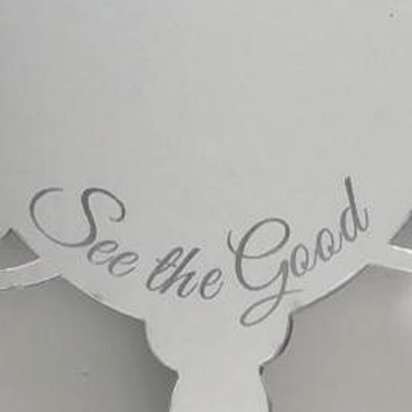 Victorian vintage style hand-held mirror with engraved text "See the Good" in cursive.