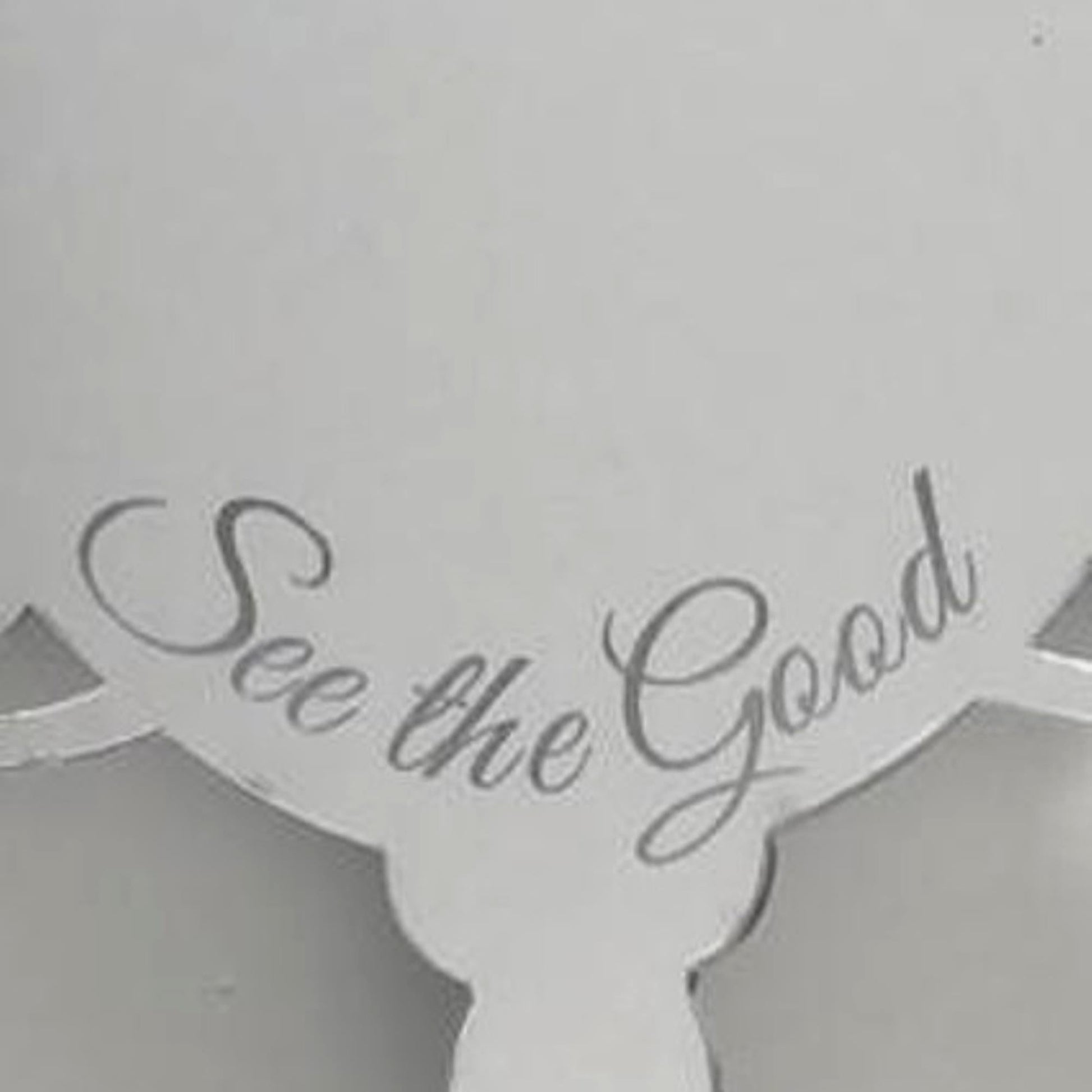 Victorian vintage style hand-held mirror with engraved text "See the Good" in cursive.