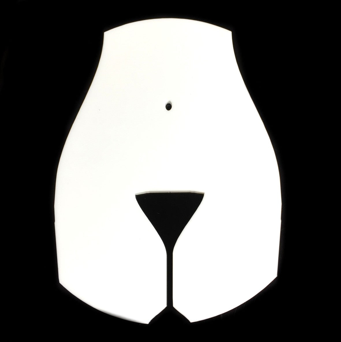 White female torso-shaped mirror with a martini glass cutout on a black background.