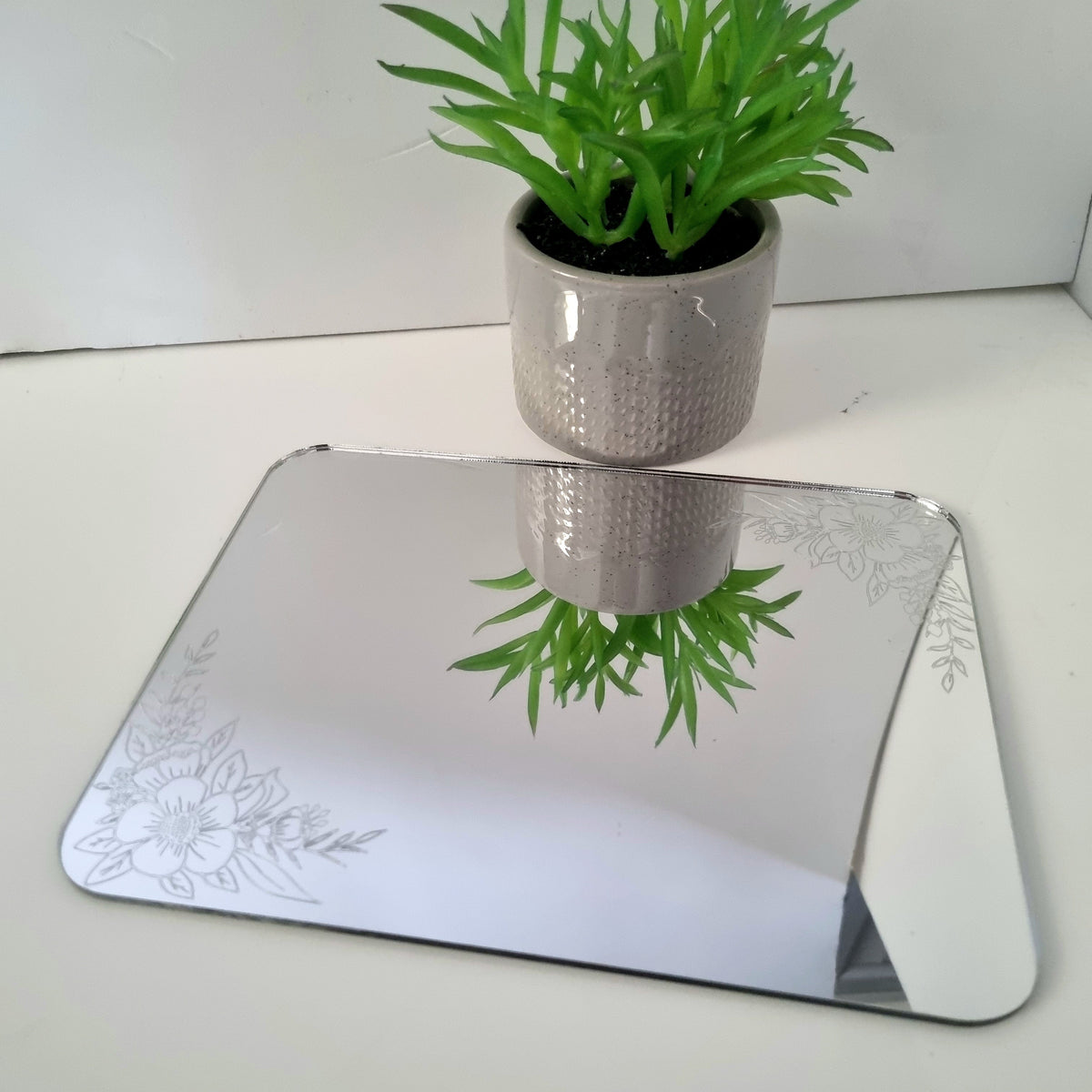 Rectangular glass mirror with etched floral corners reflecting a potted plant.