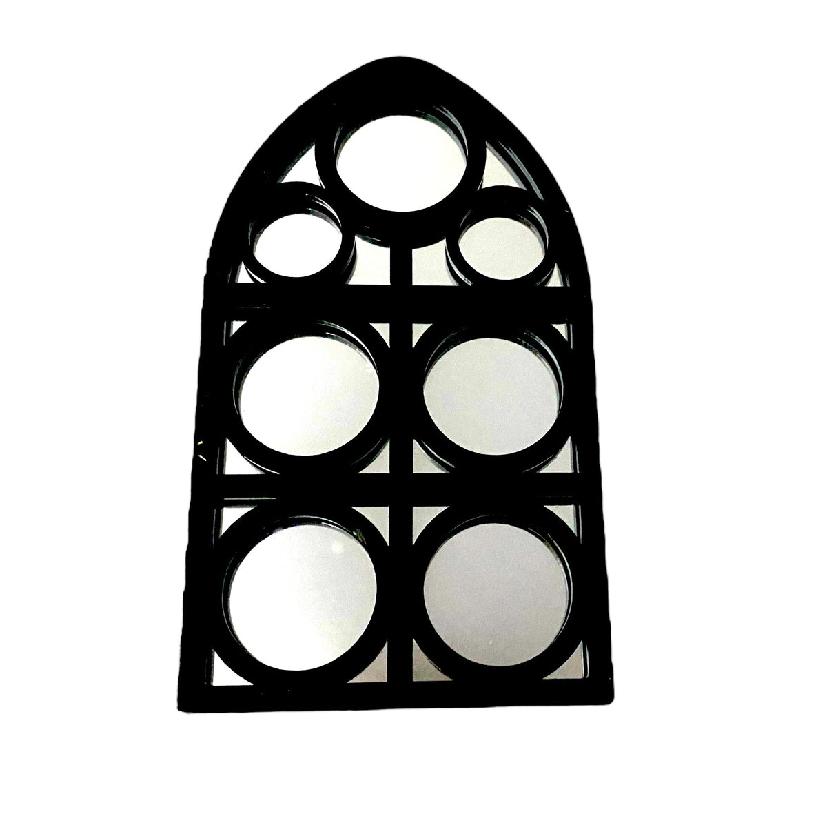 Gothic arch garden mirror with a black frame and multiple circular mirror panes.