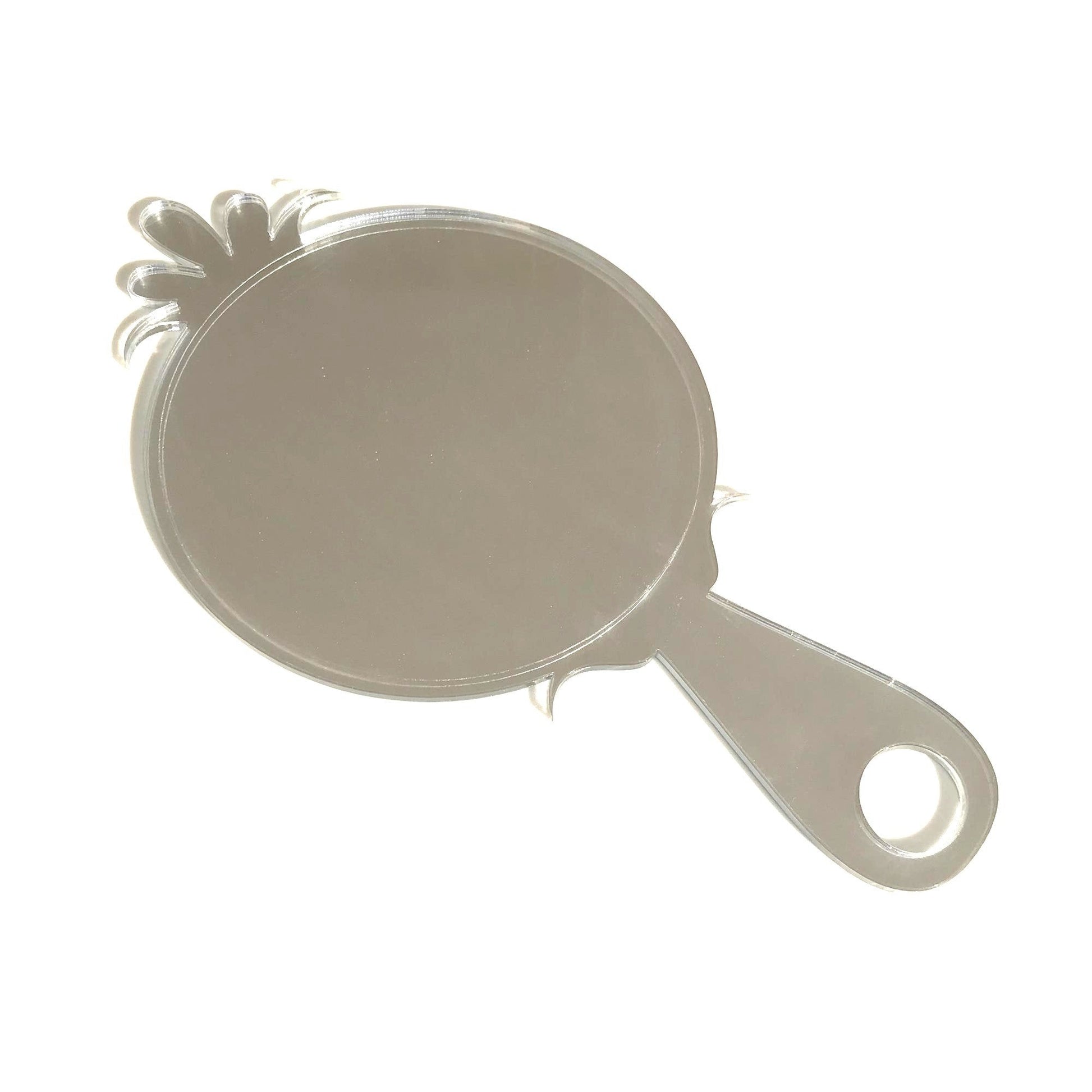 Round acrylic hand-held mirror with a flower-like top edge and a handle featuring a hanging hole.