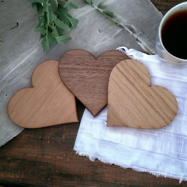 Heart Wooden Finish Coasters, Sets of 4, 6 or 8 (12cm 4.5"), Customised Engraving, Wood Colour Options.