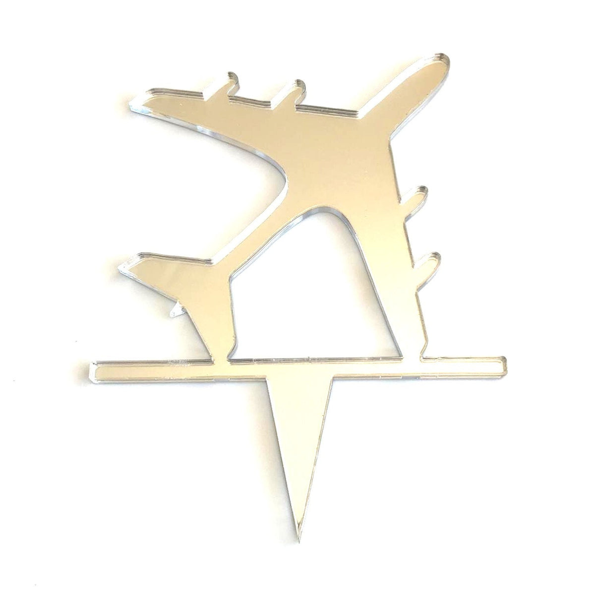 A reflective silver, airplane-shaped acrylic cake topper on a white background.