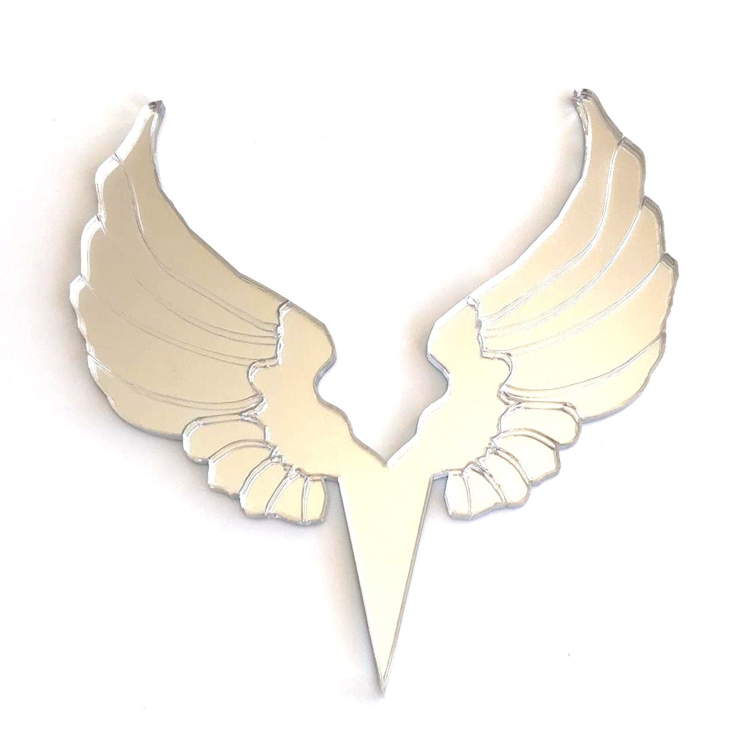 Reflective silver mirrored angel wing-shaped cake topper with a sharp, pointed base for inserting into a cake.