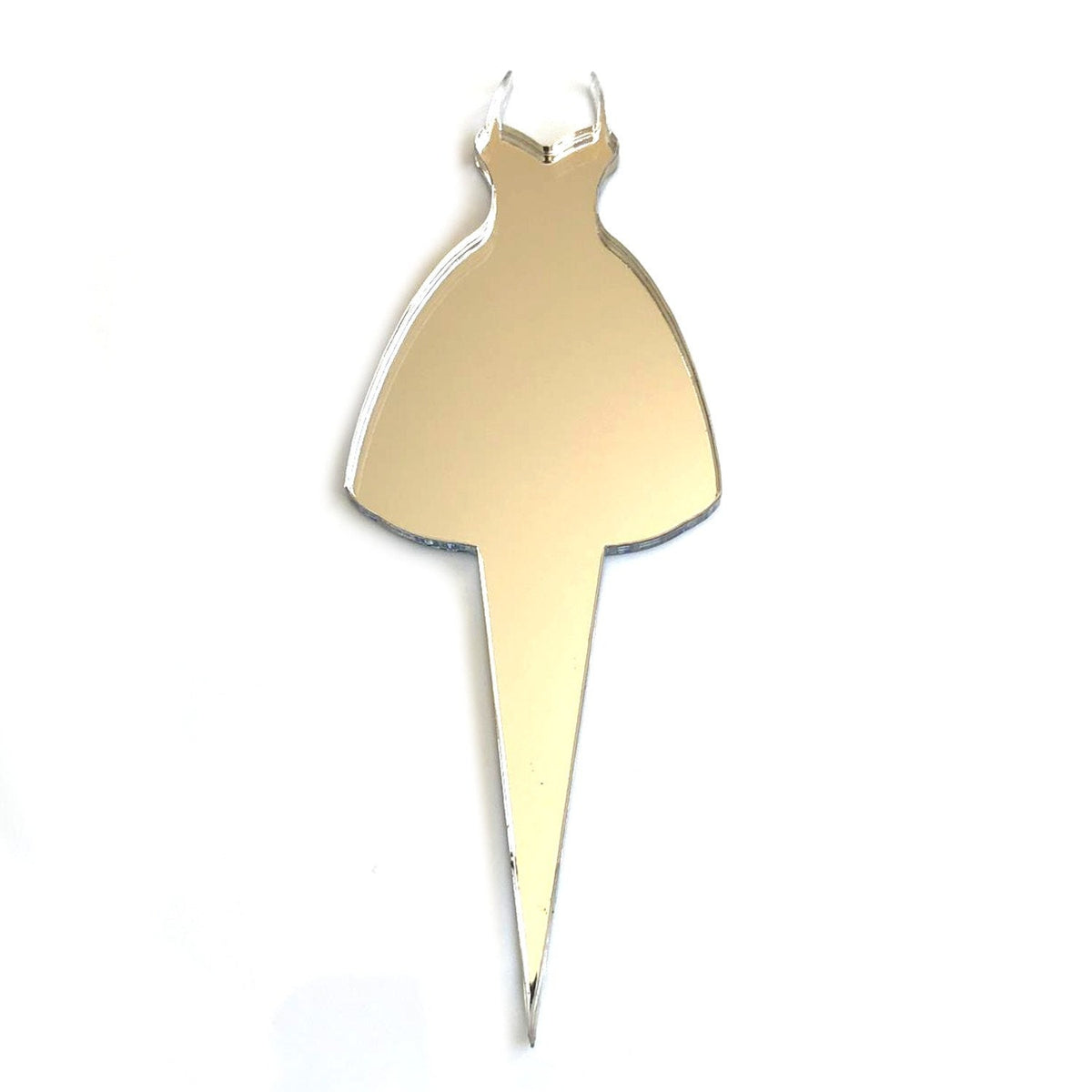 Reflective, gold-colored acrylic ball gown cake topper with a sharp, pointed base for inserting into a cake.
