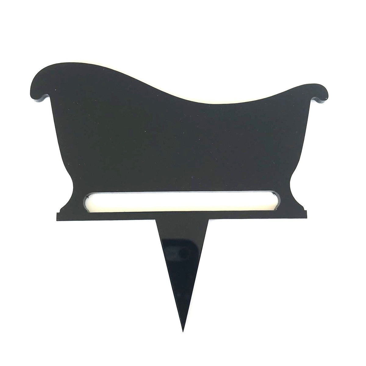 Shiny black acrylic bathtub-shaped cake topper with a central horizontal cutout and a pointed stake base.