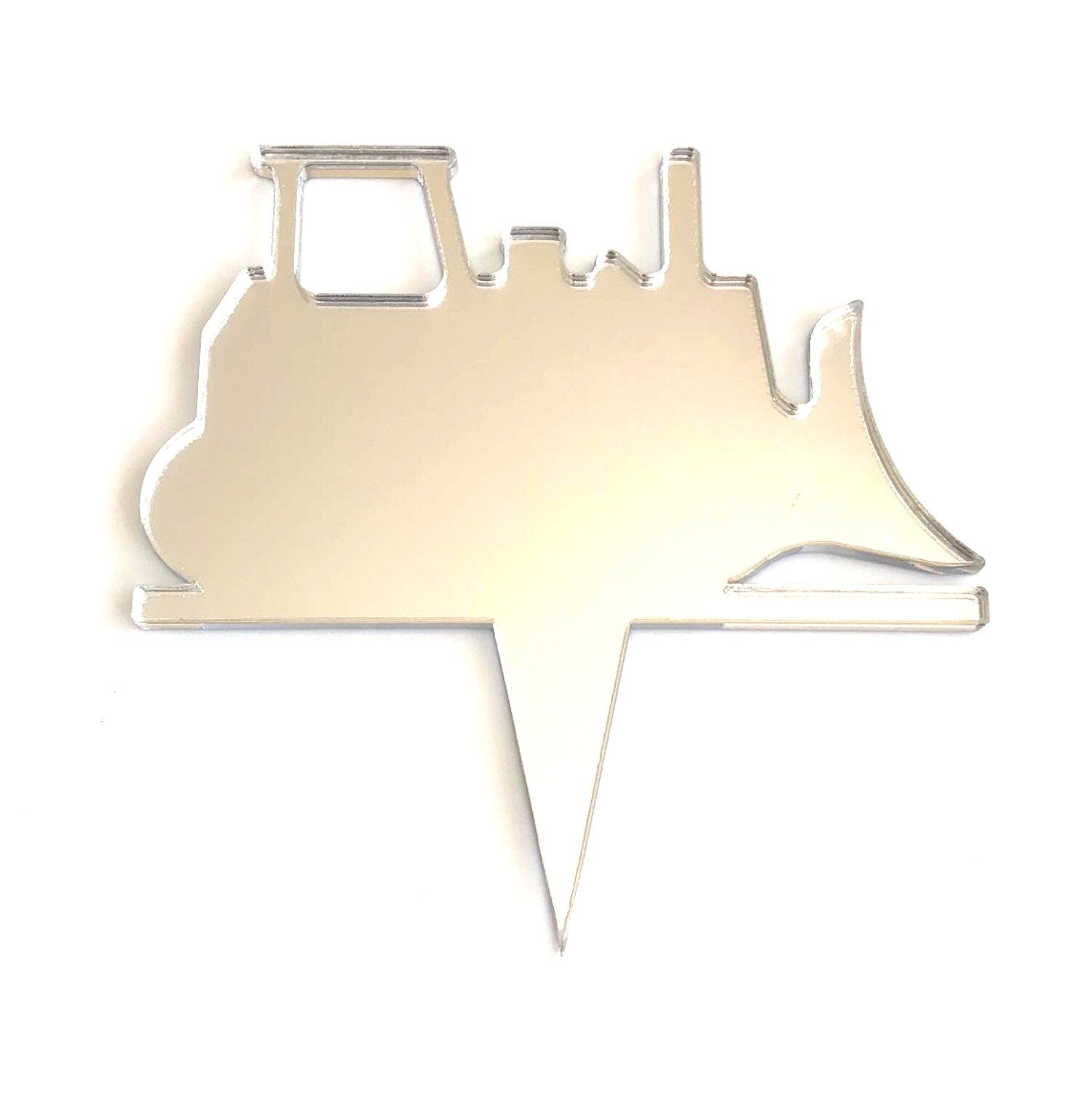 Silver mirror-finish acrylic bulldozer cake topper with a sharp pointed stake base on a plain white background.