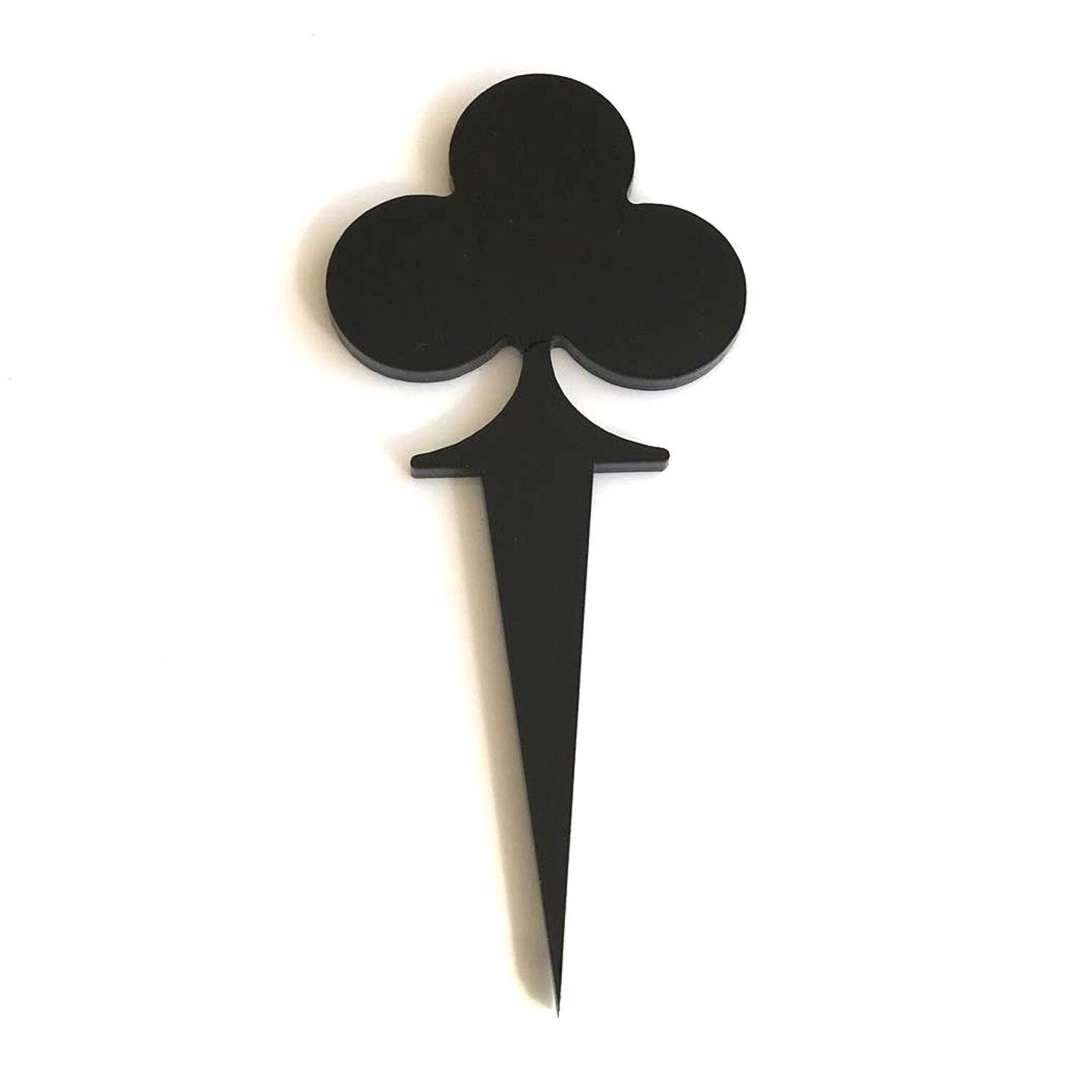 Black acrylic cake topper shaped like a club playing card suit, featuring a pointed stake base.