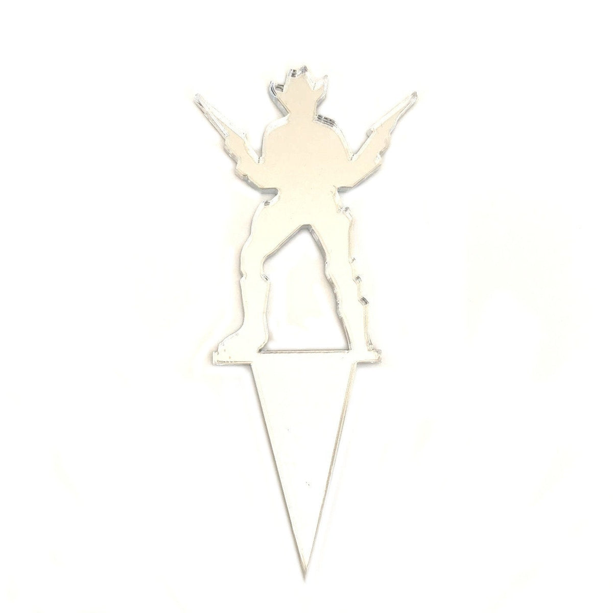 Silver mirrored acrylic cake topper featuring a cowboy silhouette with two pistols, mounted on a triangular base.
