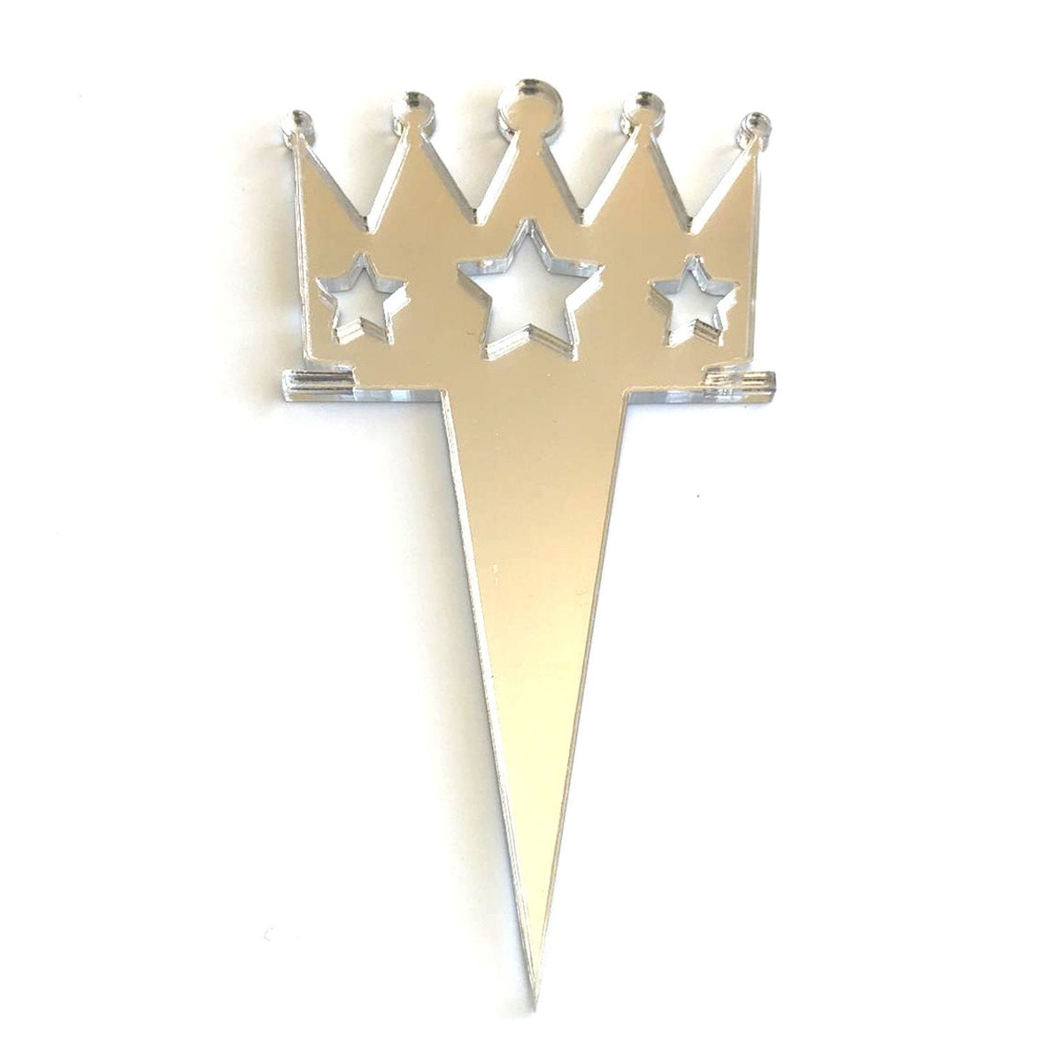 Silver mirrored acrylic crown cupcake topper with three star cutouts, mounted on a pointed stake.
