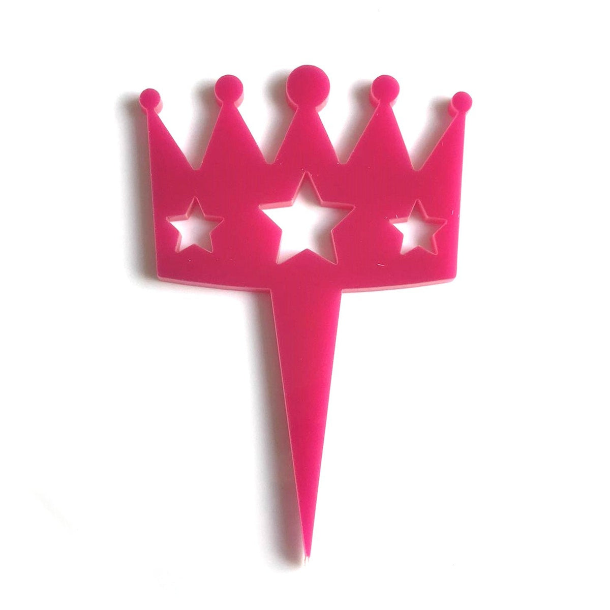 Hot pink, crown-shaped cupcake topper with three star cutouts, made from recycled material on a pointed stake.