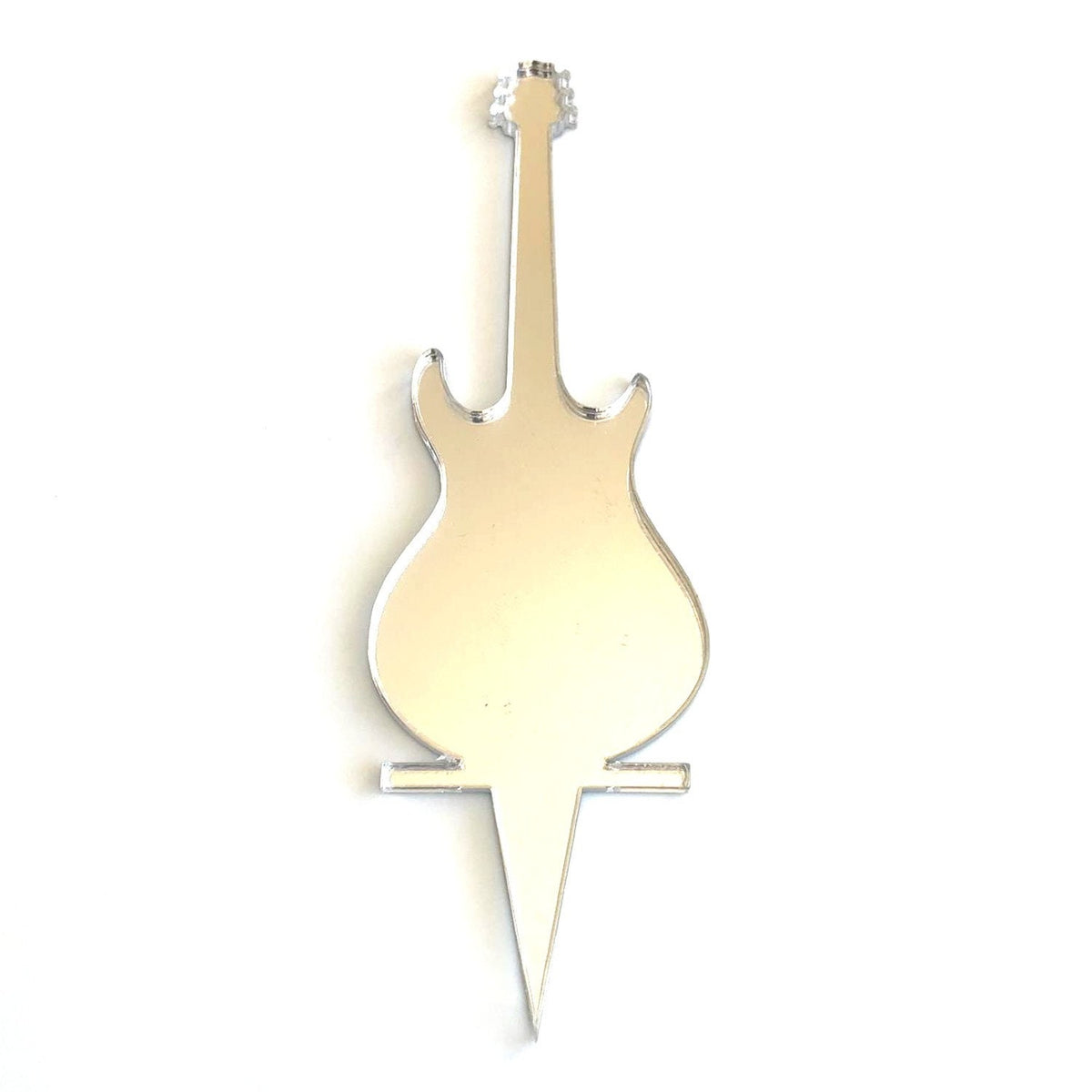 Silver mirror electric guitar cake topper by SuperCoolCreations with a pointed stake at the base.