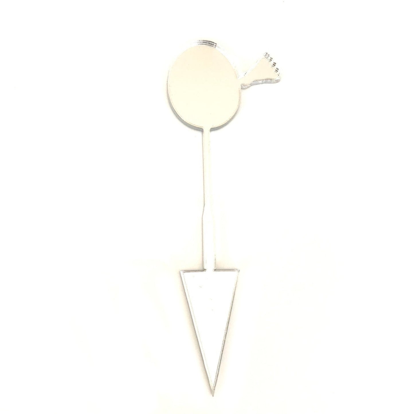 Mirror-finish acrylic badminton racket cake topper with a triangular pointed base for insertion.