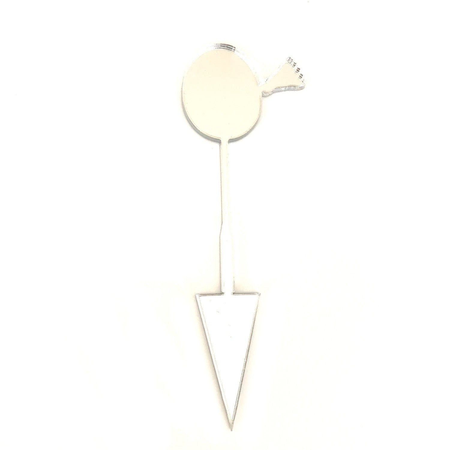 Mirror-finish acrylic badminton racket cake topper with a triangular pointed base for insertion.