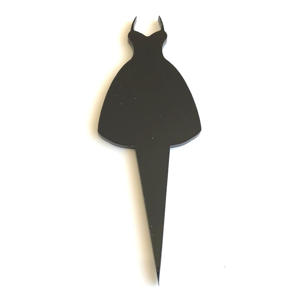 A black, glossy, silhouette-style acrylic ball gown cake topper with a pointed stake base on a white background.
