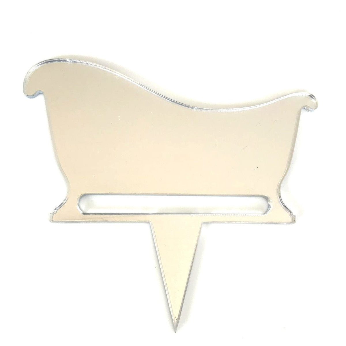 Silver mirror finish acrylic bathtub-shaped cake topper with a central spike for insertion.