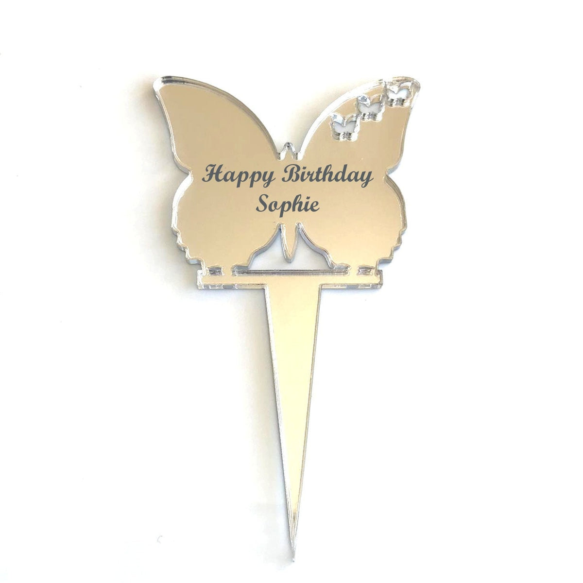 Mirror-finish acrylic butterfly cake topper engraved with "Happy Birthday Sophie" on a white background.