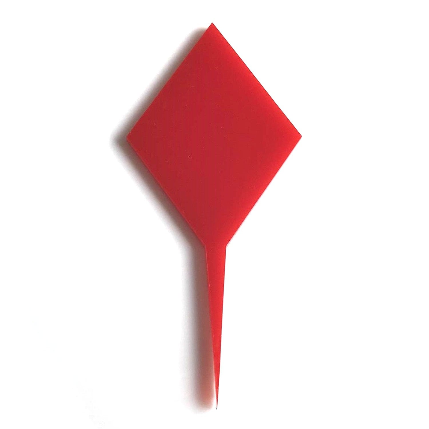 Bright red, diamond-shaped acrylic cake topper on a thin, pointed stem against a white background.