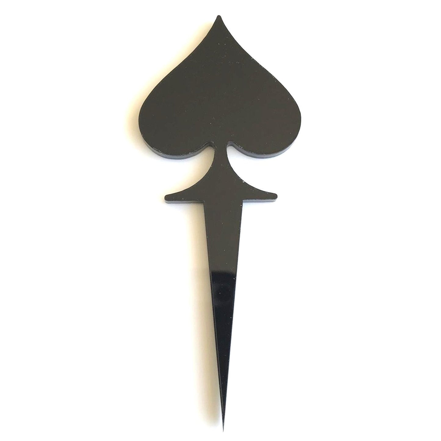 Black acrylic playing card spade suit cake topper with a sharp, pointed base for inserting into a cake.