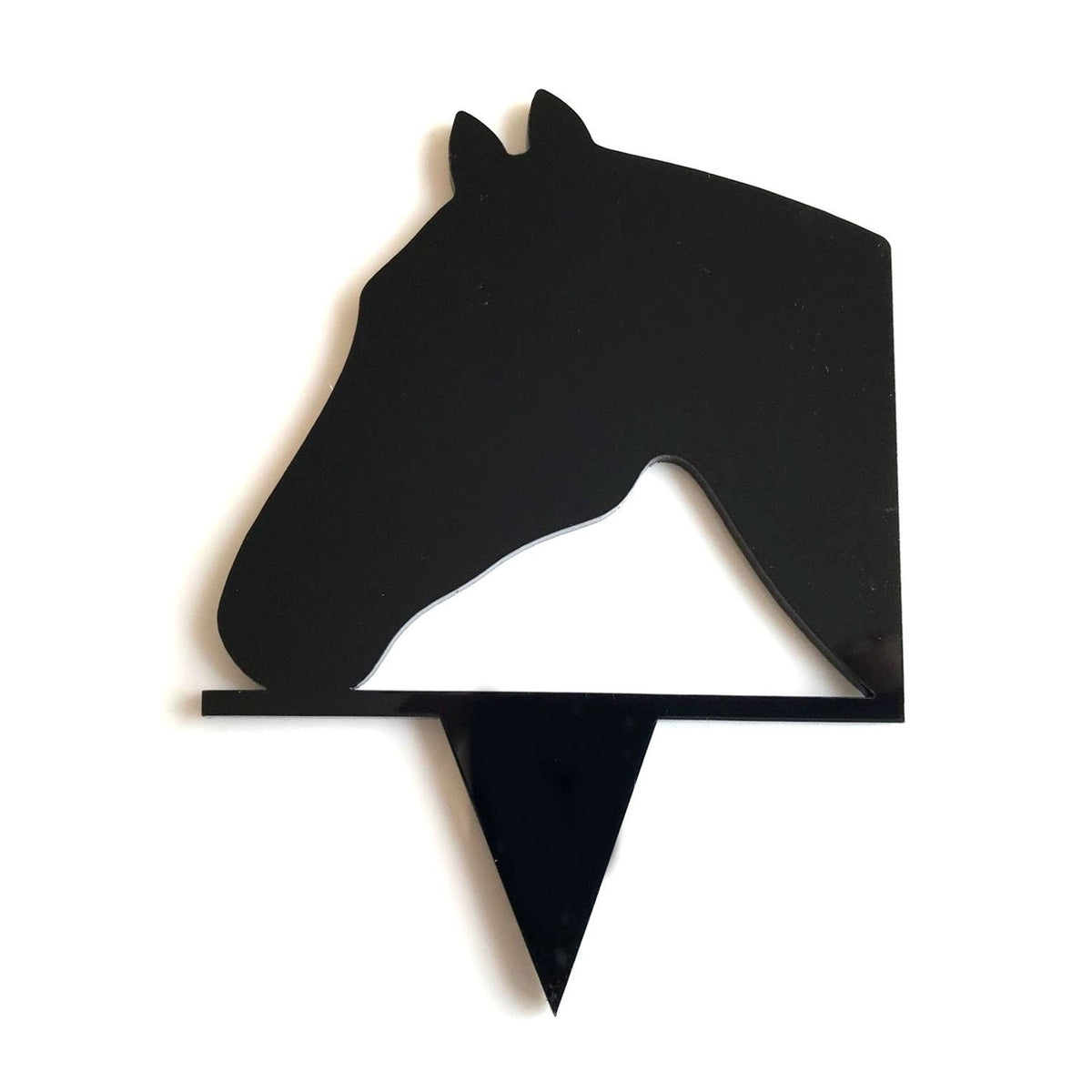 Glossy black acrylic horse head silhouette cupcake topper with a pointed stake base.