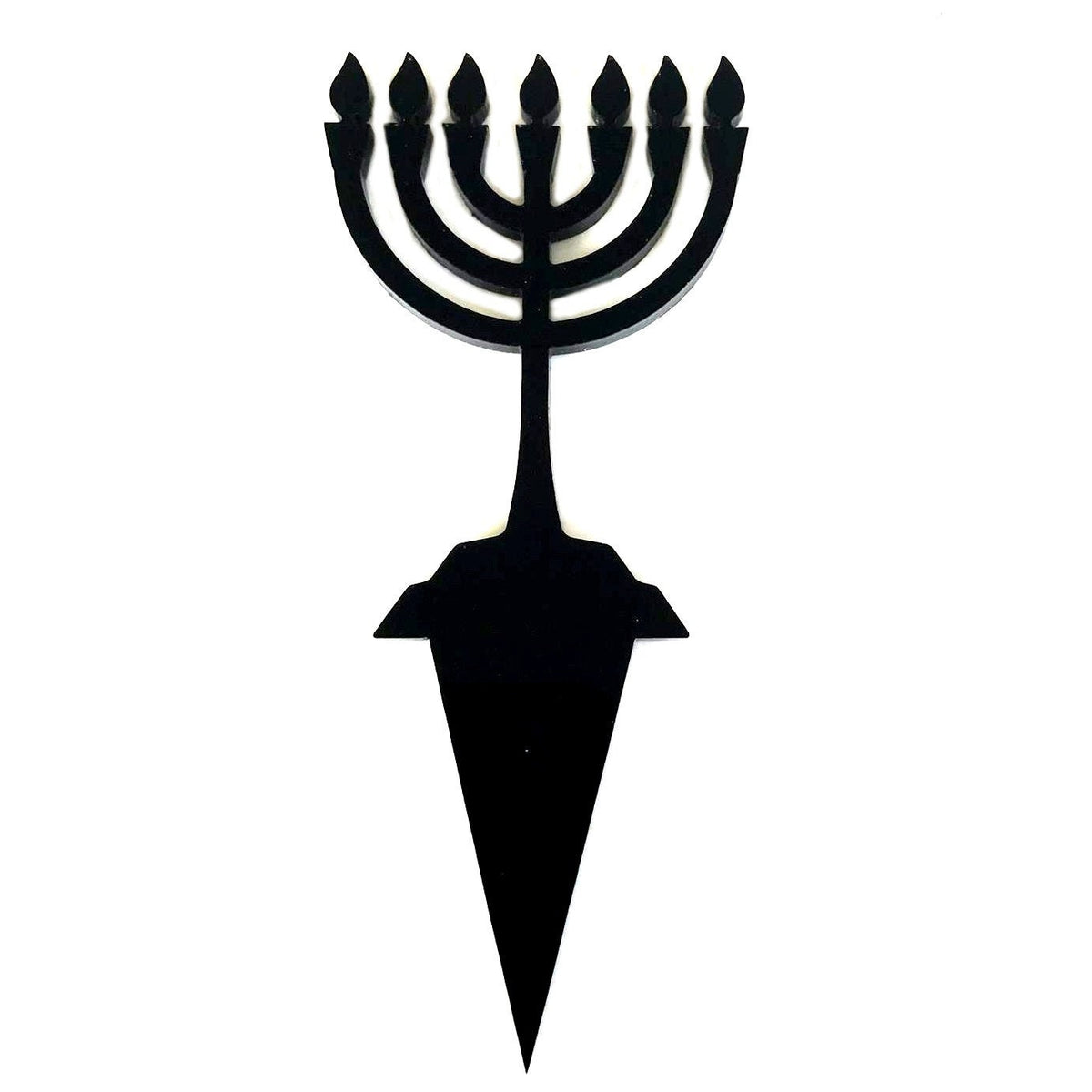 Black acrylic menorah cake topper with a sleek, minimalist design and a pointed stake for insertion.