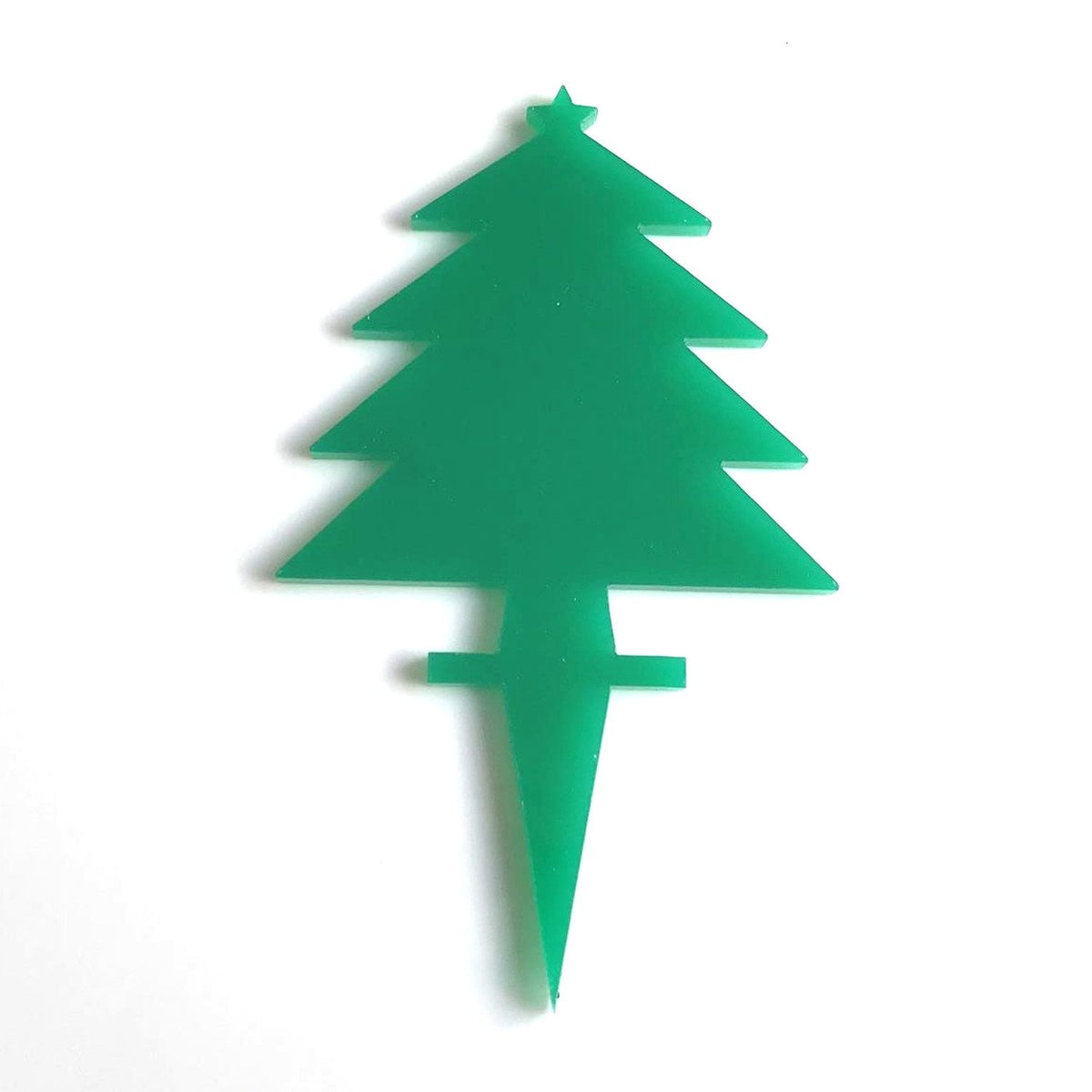 Green recycled acrylic Christmas tree cupcake topper with a pointed stake base, isolated on a white background.
