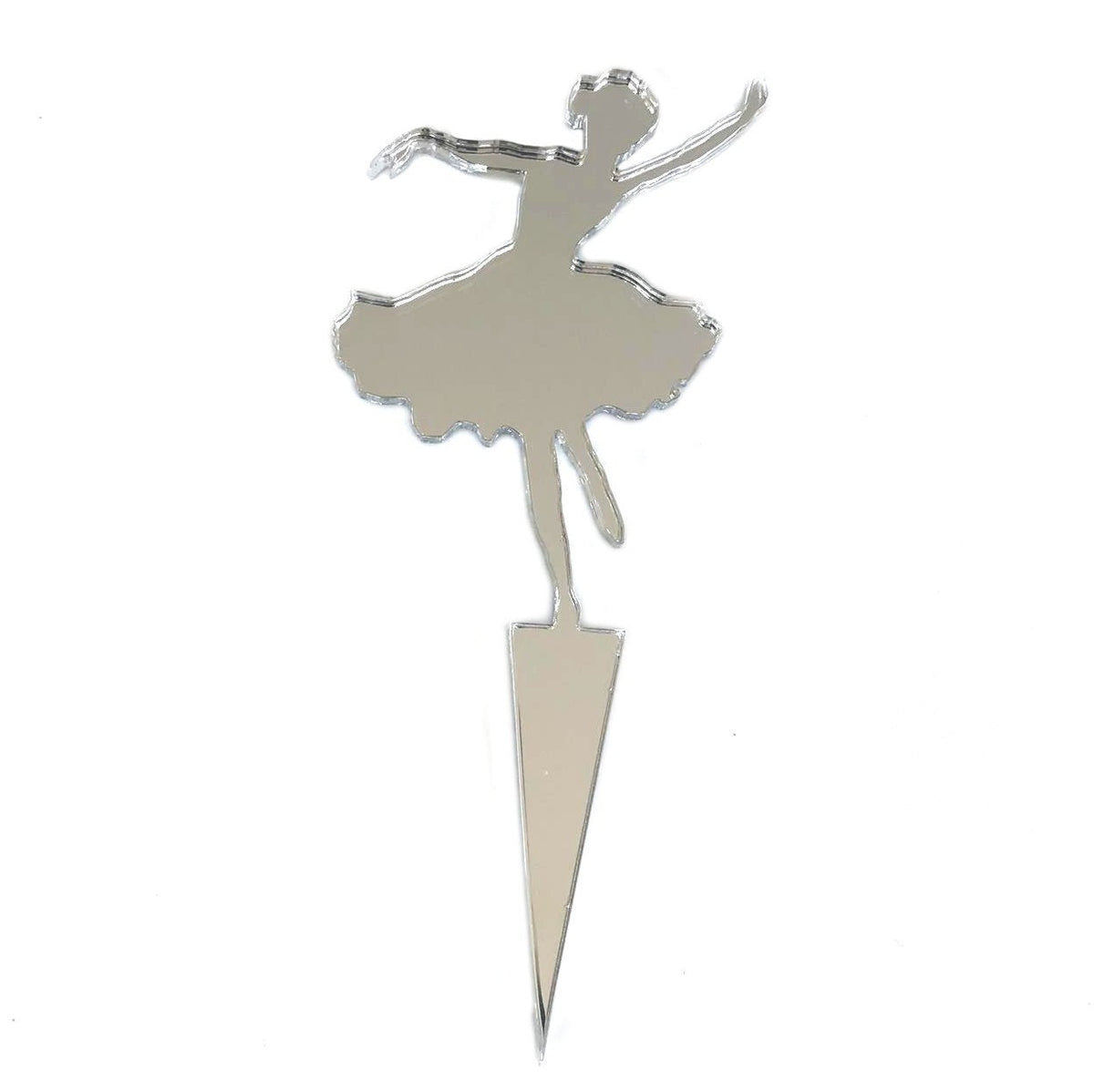 A reflective, silver mirrored acrylic ballerina cake topper with a pointed stake base.