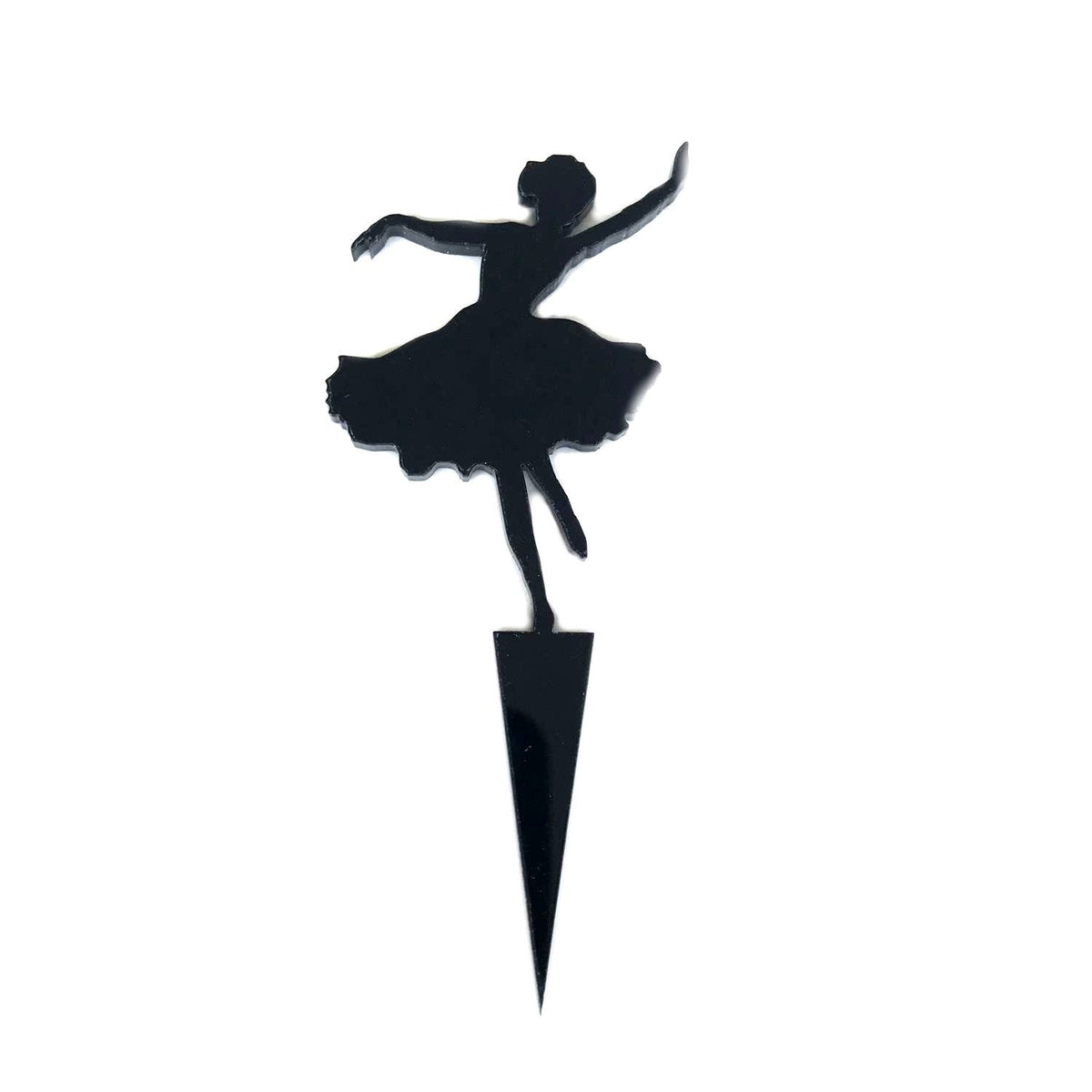 Glossy black acrylic ballerina silhouette cake topper with a pointed stake base, isolated on a white background.