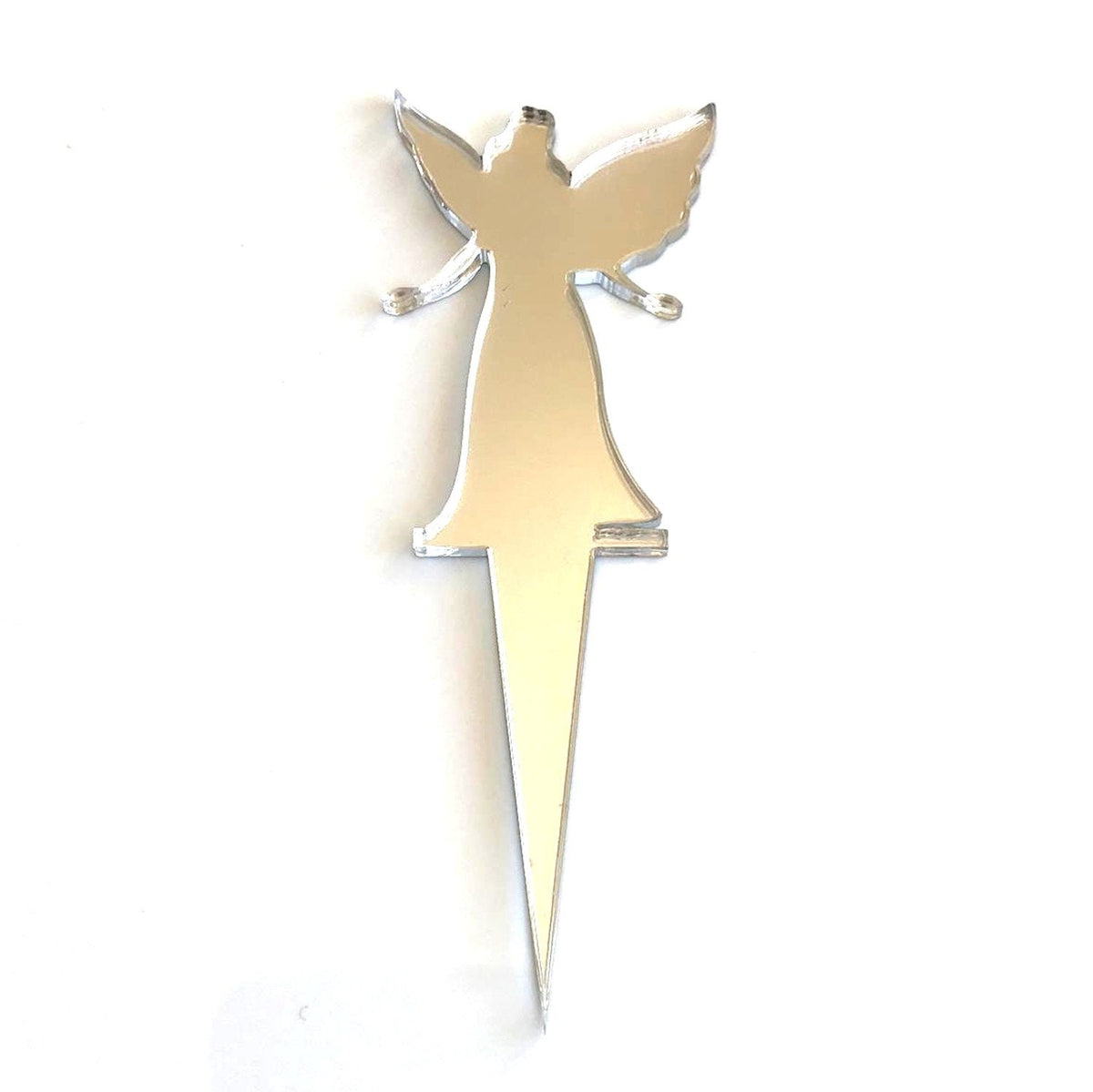 Silver mirror acrylic fairy-shaped cake topper with a sharp pointed base for inserting into cakes.