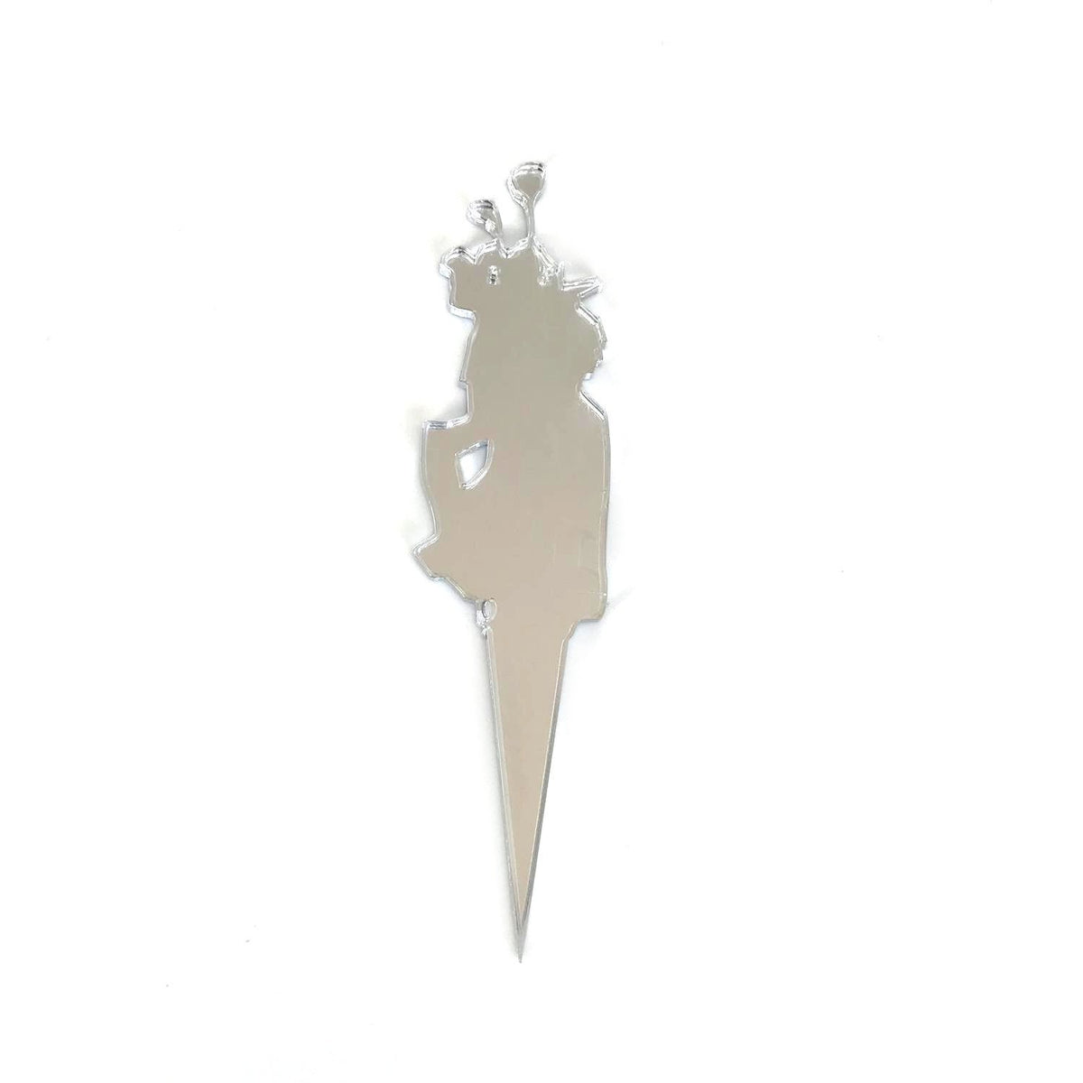 Silver, mirror-finish acrylic golf club cake topper on a pointed stake for insertion into a cake.