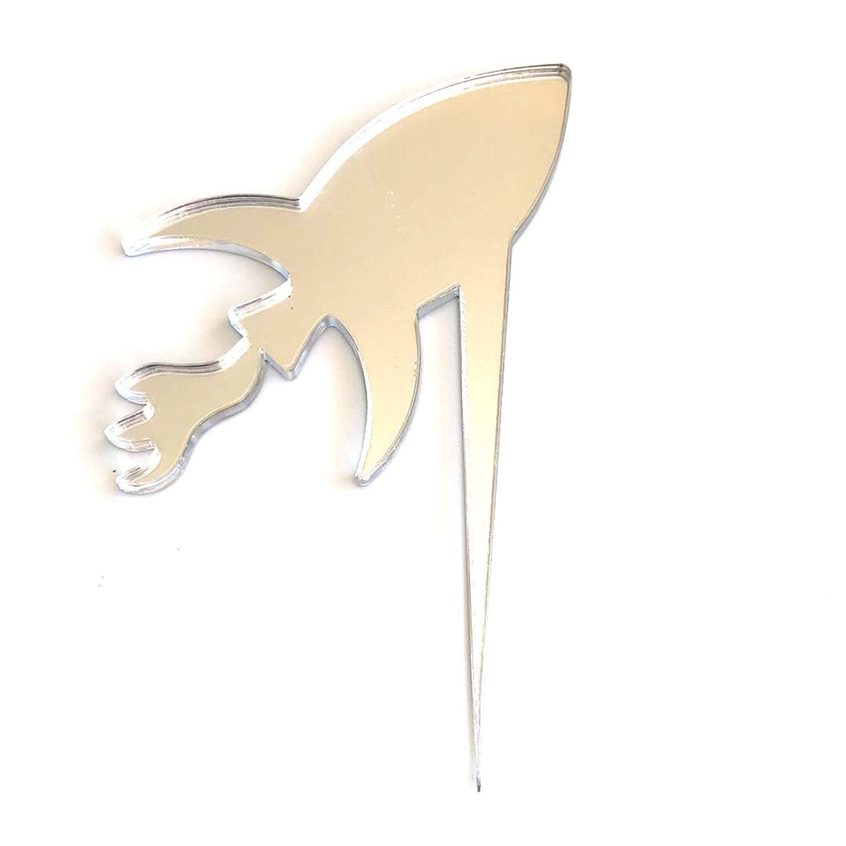 Silver mirrored acrylic rocket ship cake topper with a sleek, minimalist design on a white background.