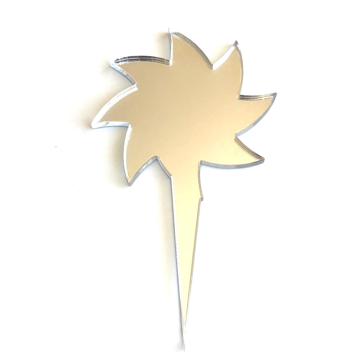 Mirror-finish recycled acrylic spiral star cake topper with a sharp, pointed base on a plain white background.