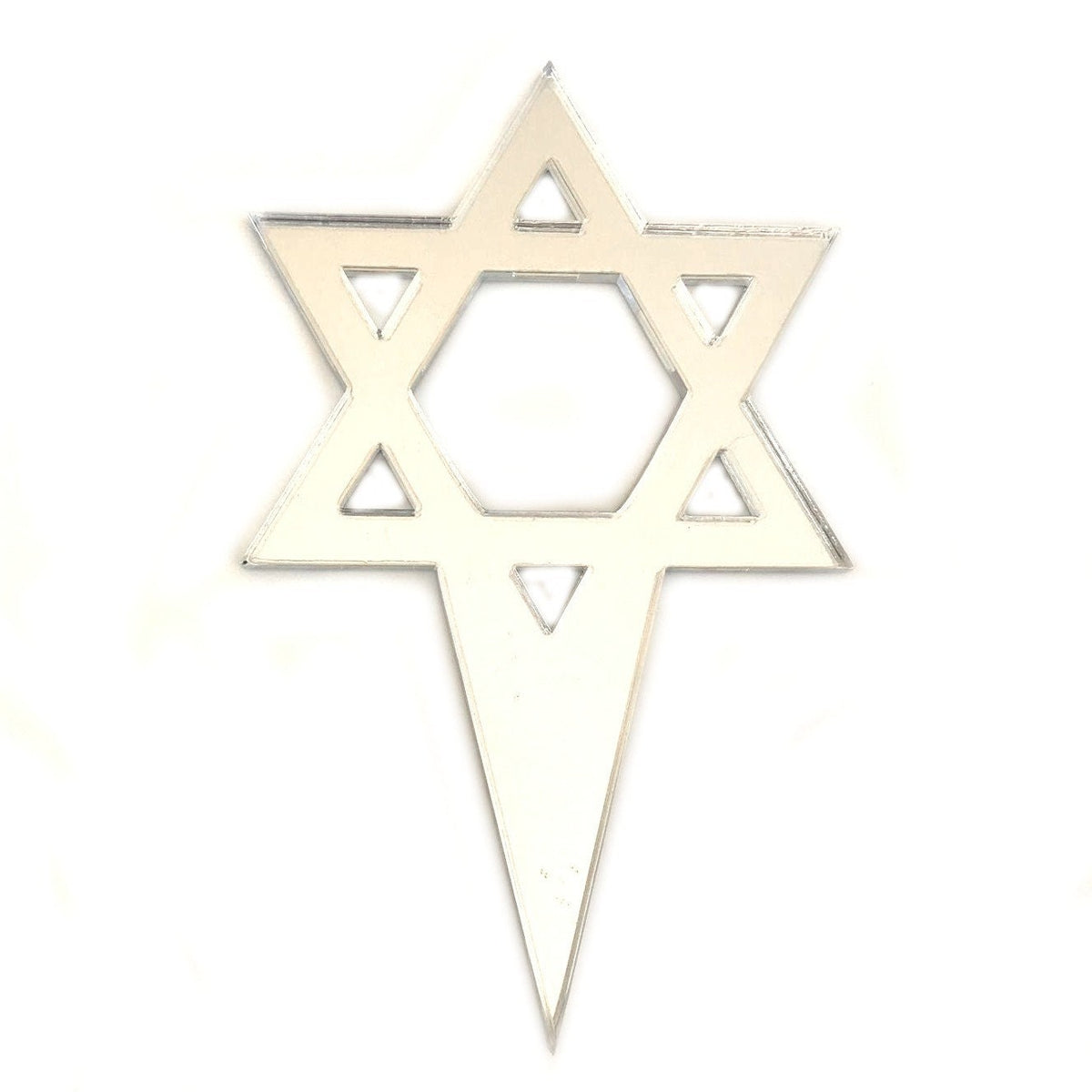 Reflective silver, Star of David-shaped acrylic cake topper with a central hexagonal cutout and a pointed base.