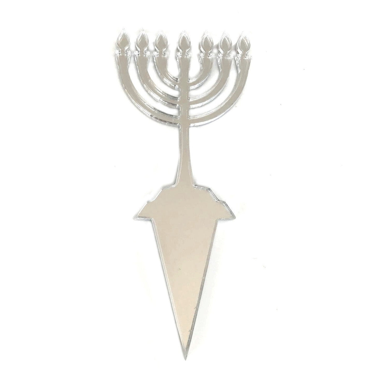 Silver mirrored acrylic Hanukkah menorah cake topper with a sharp, pointed stake base against a white background.