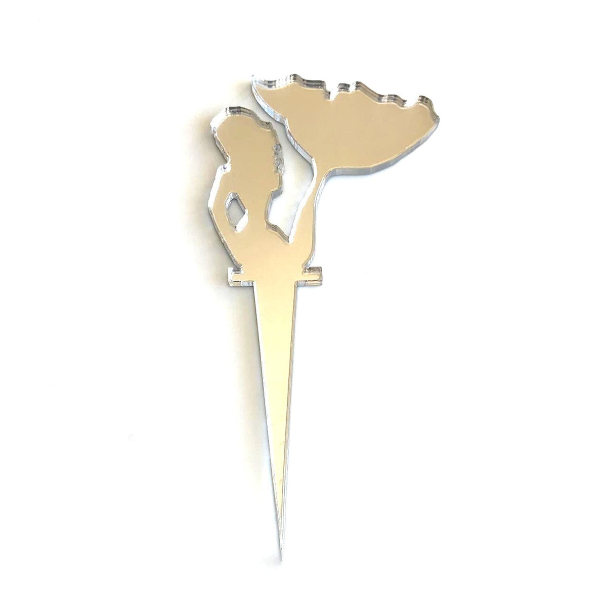 Silver mirror acrylic mermaid silhouette cupcake topper on a pointed stake against a white background.