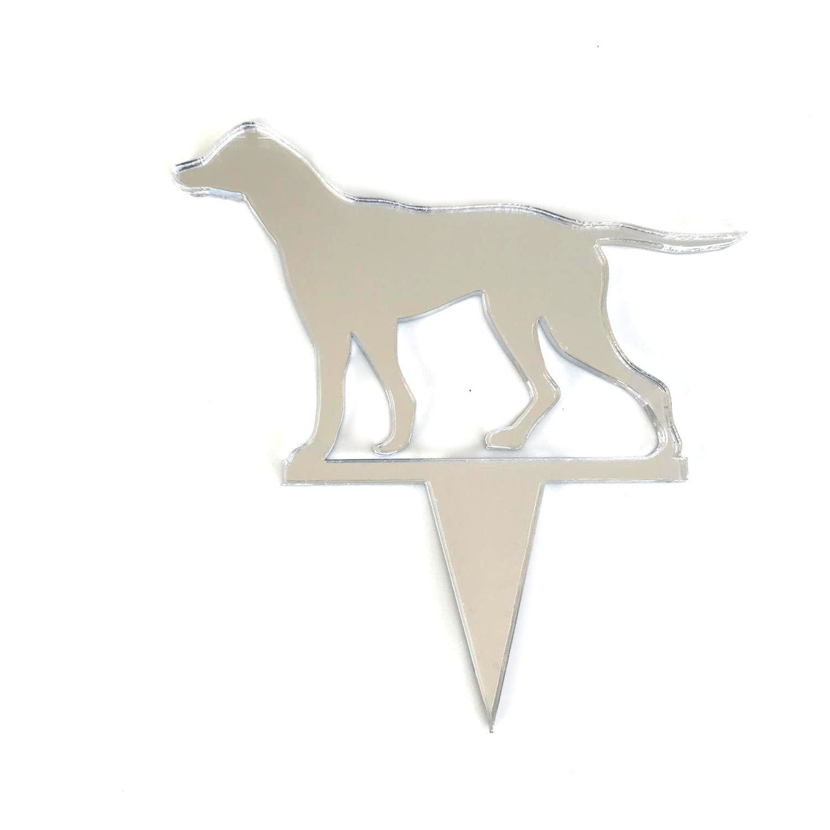 Silver mirrored acrylic Pointer dog cake topper silhouette on a pointed stand against a white background.