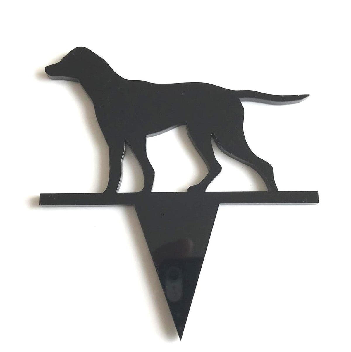 Black acrylic Pointer dog cake topper silhouette with a pointed base stake on a white background.