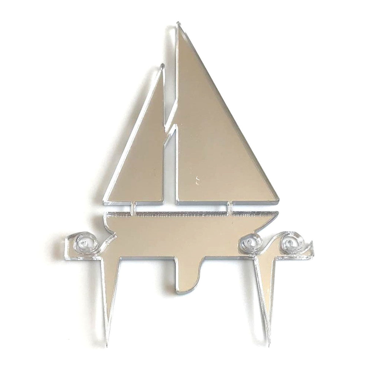 Silver mirror-finish acrylic sailboat cake topper with stylized waves and two pointed spikes for insertion.