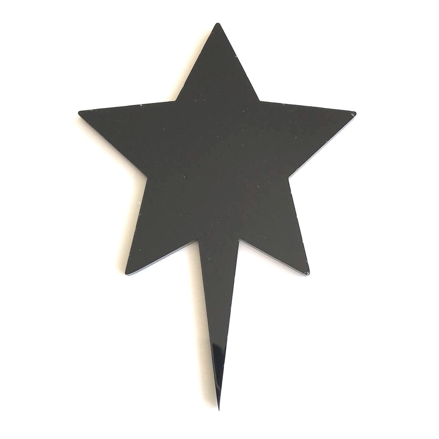 Glossy black star-shaped cake topper with a single pointed base, isolated on a white background.
