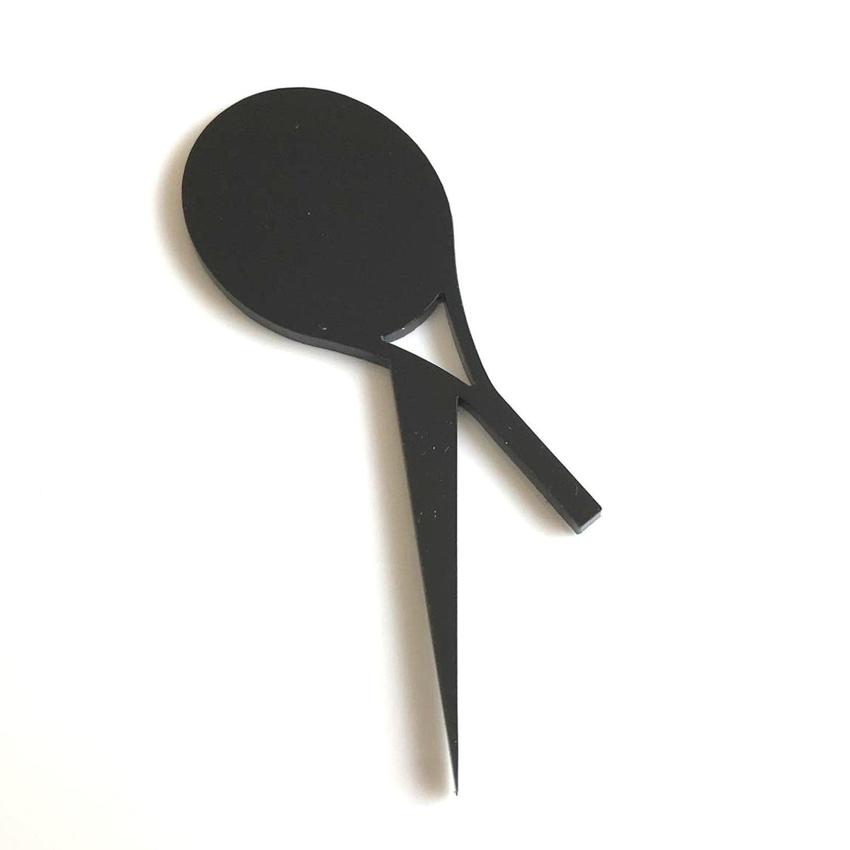 Black matte acrylic tennis racket cupcake topper with a pointed pick base on a white background.