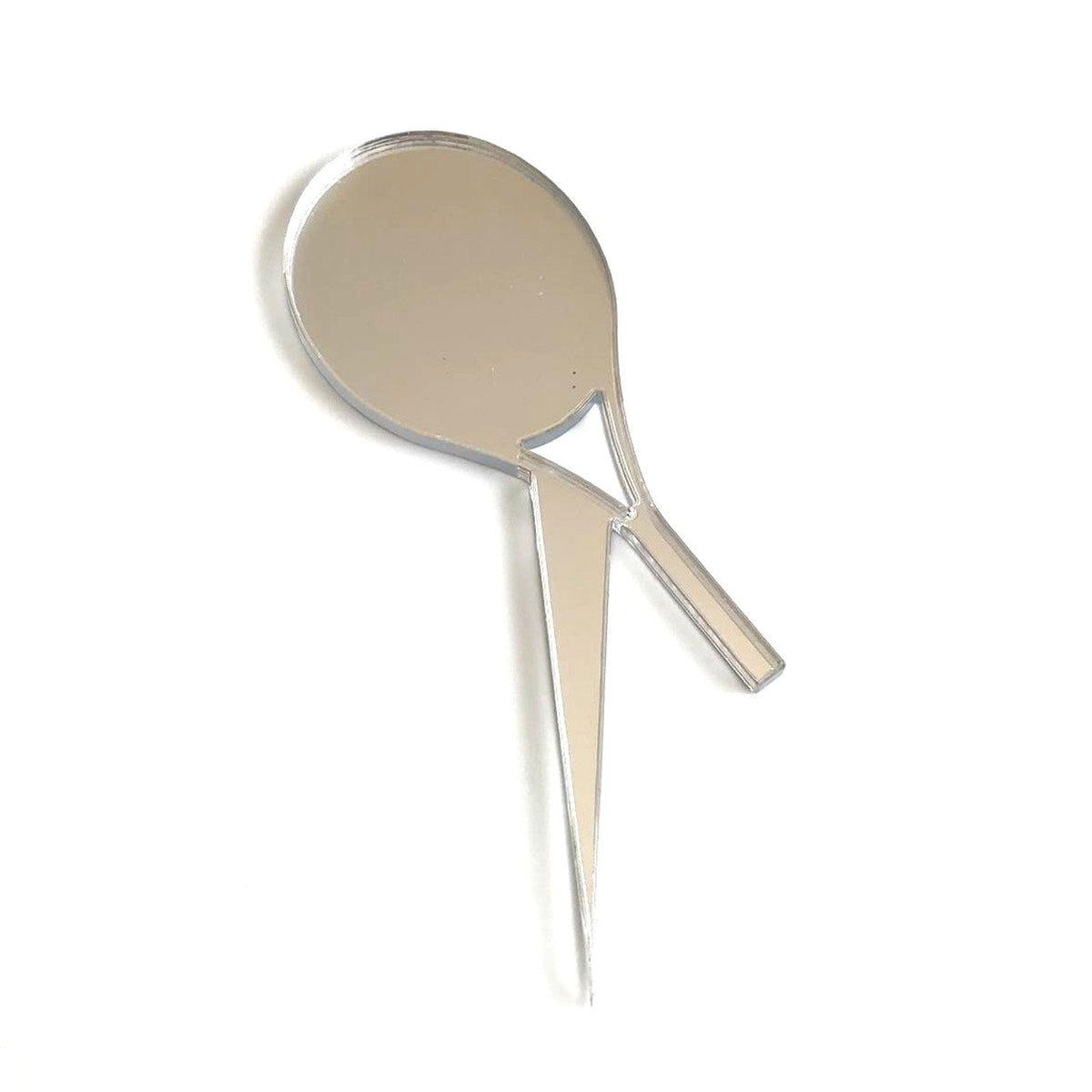 A reflective silver tennis racket-shaped cupcake topper made of smooth, polished acrylic.