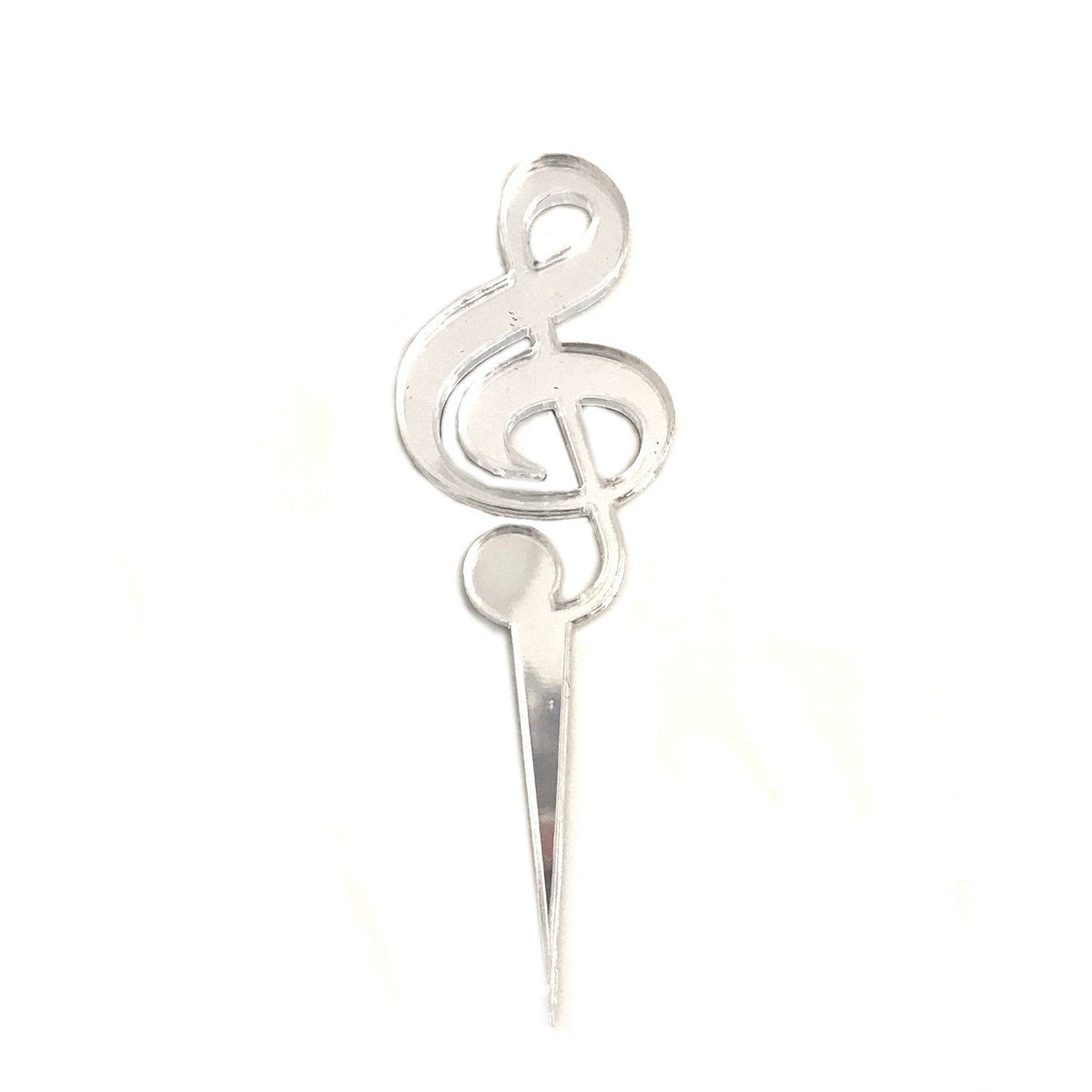Shiny silver acrylic treble clef musical note cake topper by SuperCoolCreations against a white background.