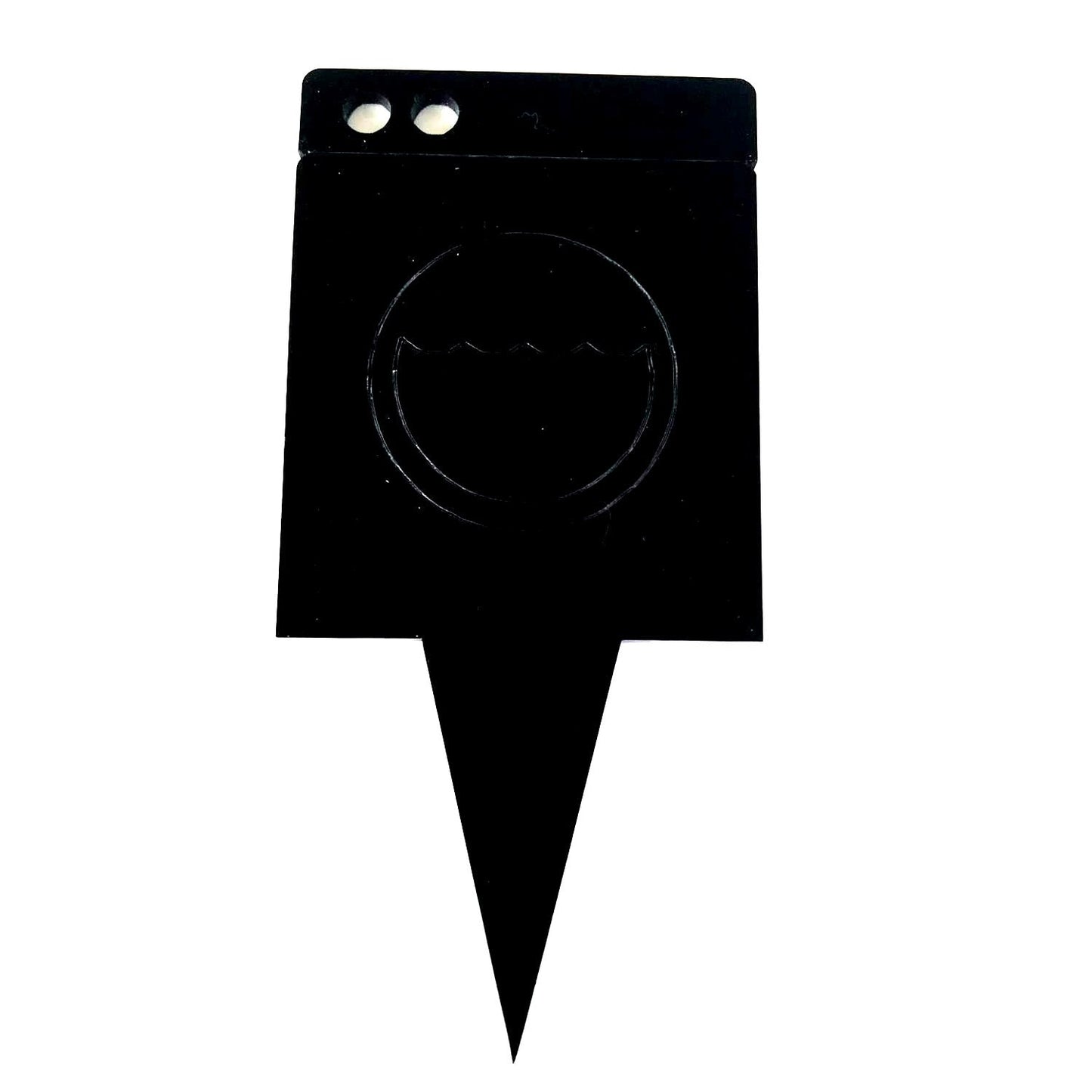 Black laser-cut cake topper shaped like a washing machine with engraved circular door and dial details.