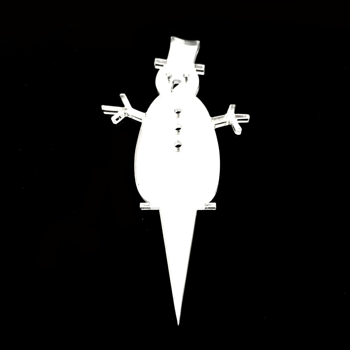 Clear acrylic snowman cake topper with a top hat and stick arms, featuring a pointed base for easy insertion.