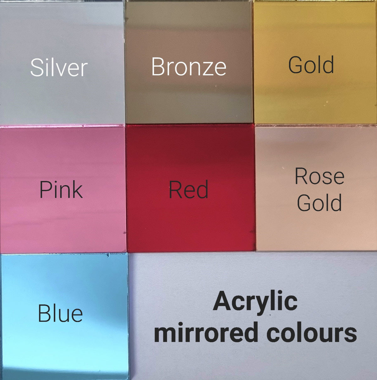 A grid of seven mirrored acrylic color swatches labeled Silver, Bronze, Gold, Pink, Red, Rose Gold, and Blue.